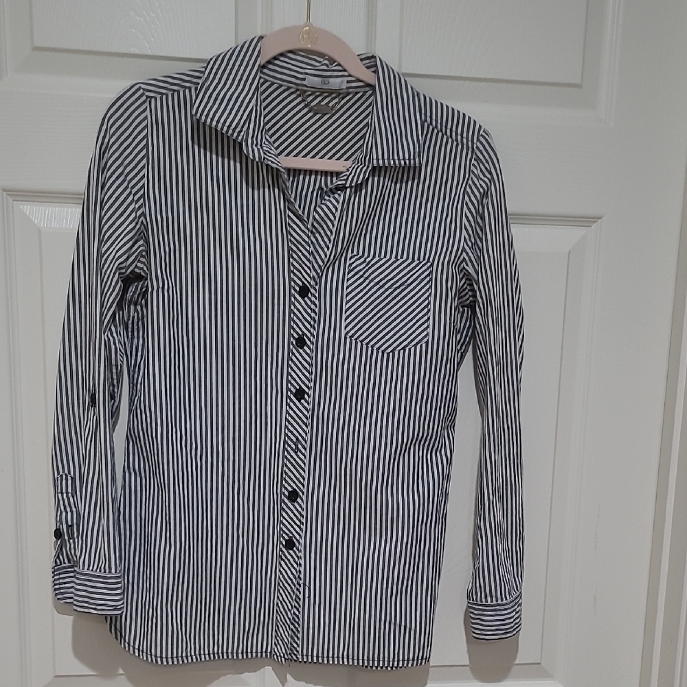 Women's Navy and White Striped Button Down Shirt
